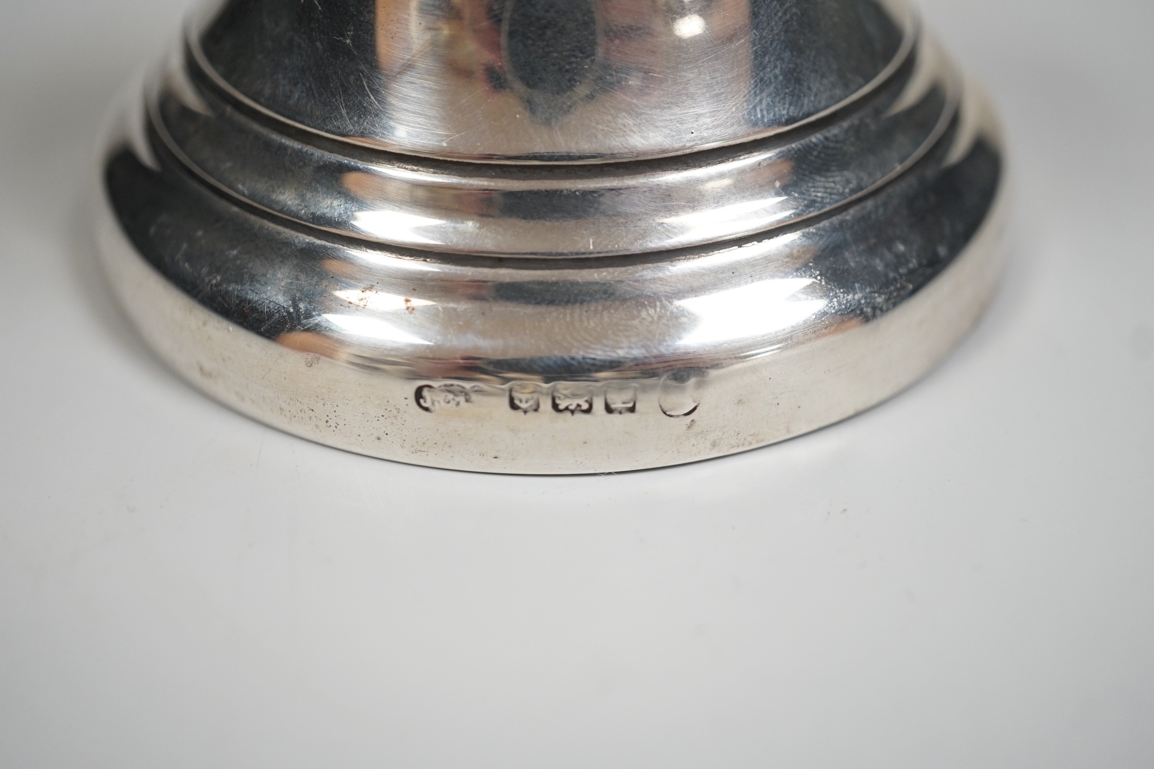 A George V silver mounted inkwell, modelled as a bell, Birmingham, 1935, height 97mm.